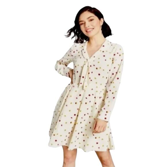 ModCloth Pleasant Confidence Tie-Neck Dress in Ivory/Multi Dot Size 6 - Picture 1 of 10